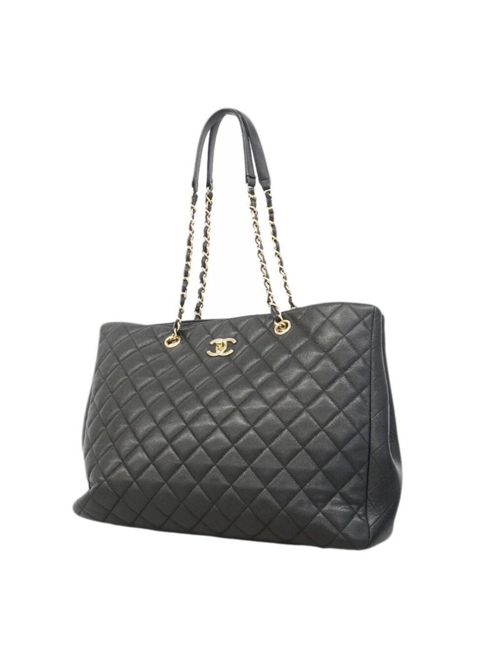 Chanel Chain Tote Quilted Caviar Leather Black Champagne Gold